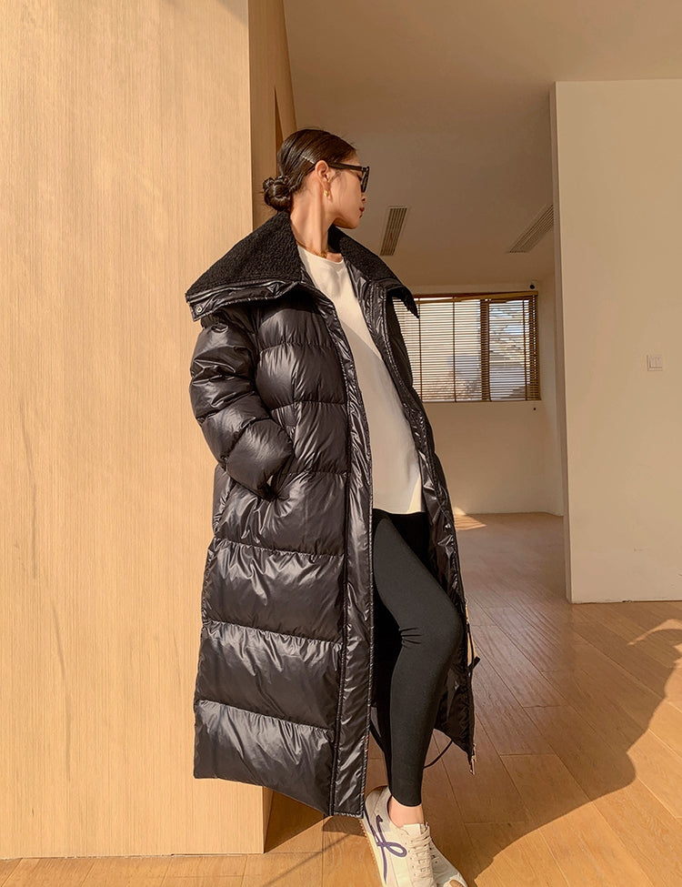 Glossy Oversized Collar Down Coat – Wash-Free Finish