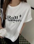 Letter Rhinestone Tide Round Neck Tee