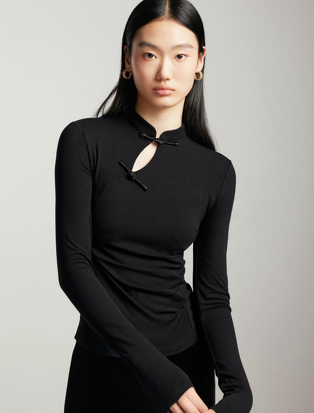 New Chinese Style Slim Fit Knit Top with Small Mandarin Collar