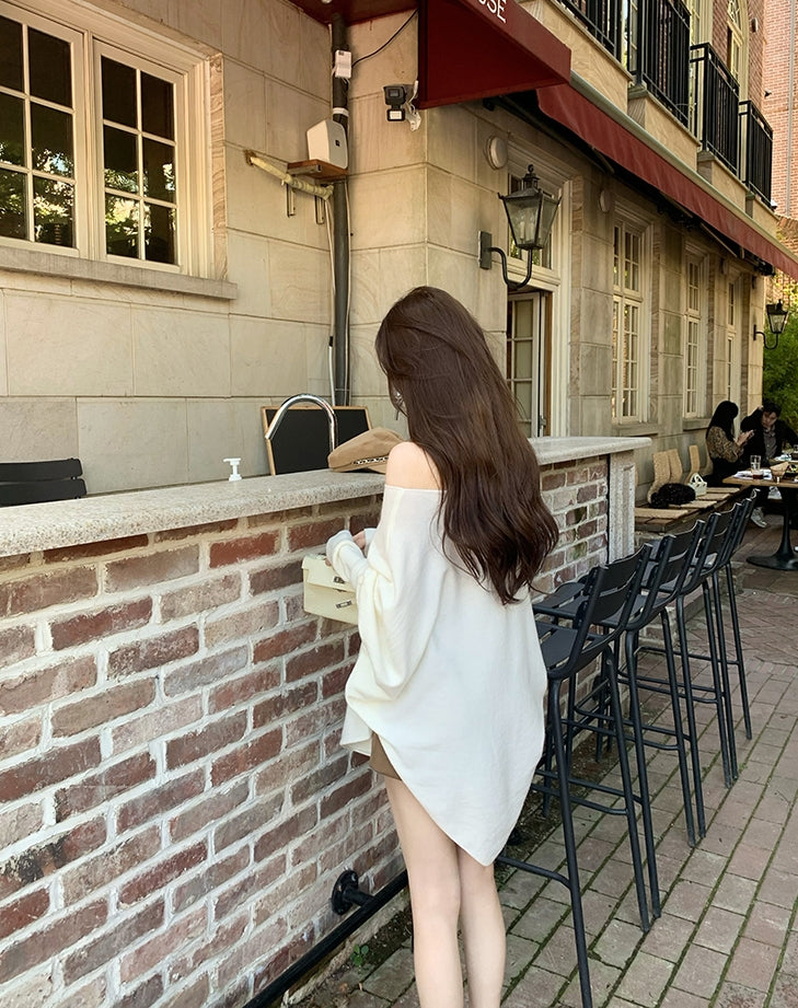 Stylish Asymmetrical Shoulder Knit Long-Sleeve Top