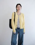 SANDRO cream yellow contrast grey wool cardigan
