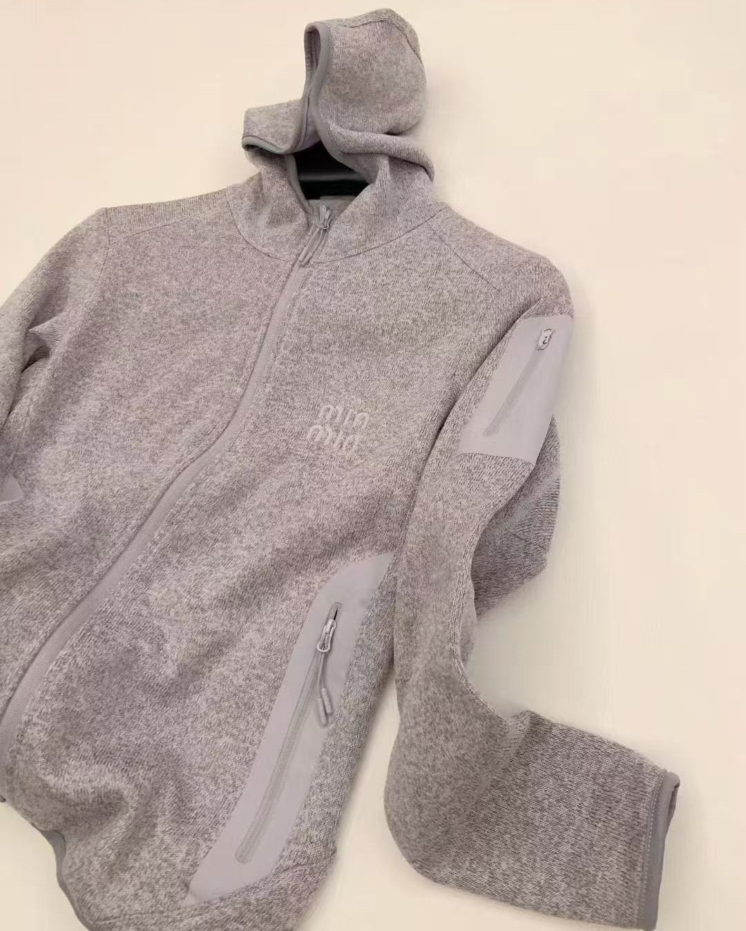Zip-Up Knitted Hoodie with 3D Embroidered Logo