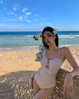 One-Shoulder Ruffled Swimsuit with Sheer Cover-Up
