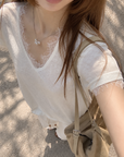 Lace Patchwork V-Neck Short Sleeve Tee