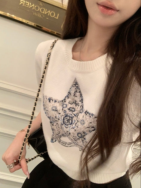 Luxurious Embroidered Slim-Fit Crewneck Knit Top