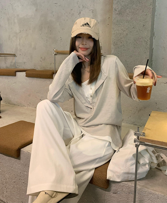 Snowflake Tencel Half-Placket Shirt + Wide-Leg Pants Set