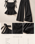 French-Inspired Black Bow-Tie Peplum Top & Wide-Leg Pants Set
