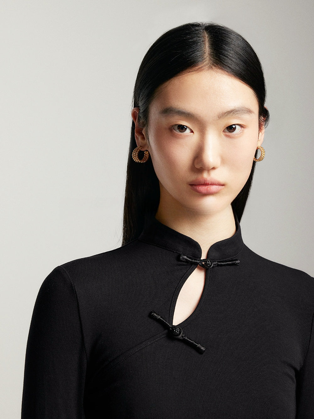 New Chinese Style Slim Fit Knit Top with Small Mandarin Collar