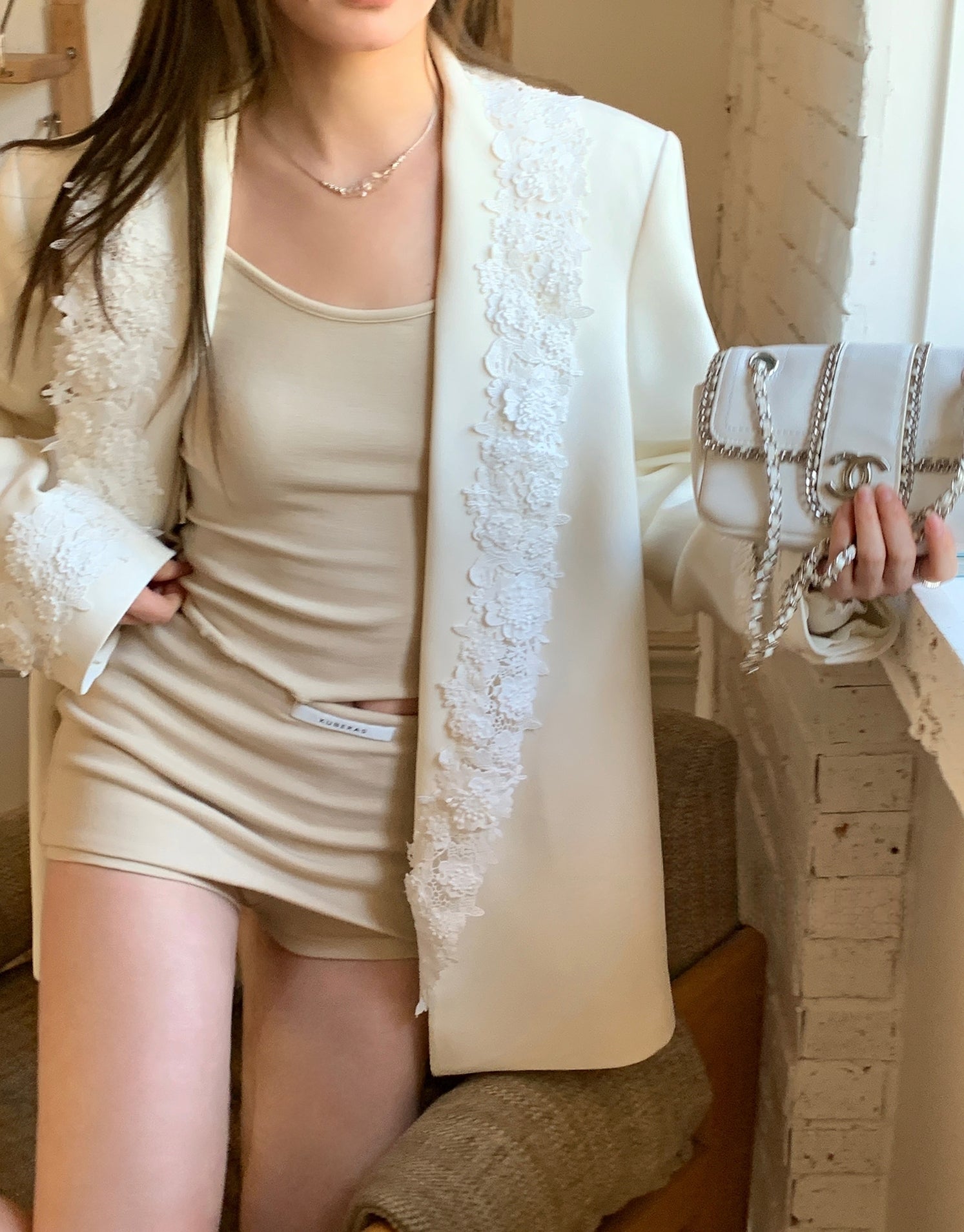 Statement lace-panelled couture blazer