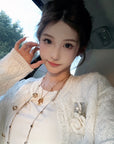 Sequined Argyle Knit Tweed-Style Cardigan (with Brooch)