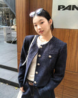 Korean-style short blue tweed jacket – youthful look