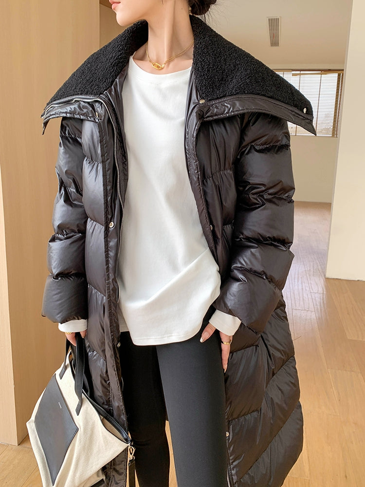 Glossy Oversized Collar Down Coat – Wash-Free Finish