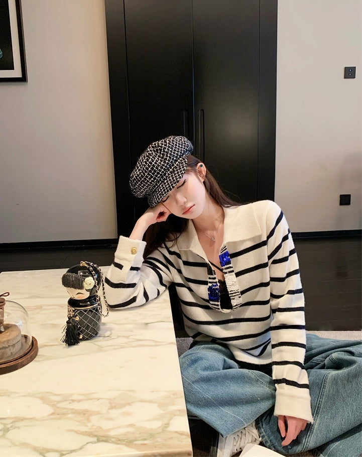 Sequin V-Neck Striped Lambswool Knit Top