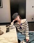 Sequin V-Neck Striped Lambswool Knit Top