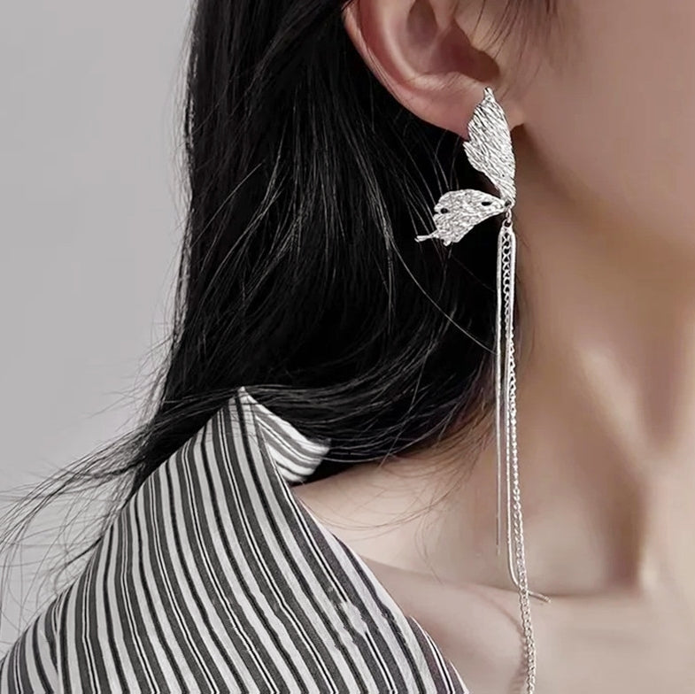 Korean 925 Silver Butterfly Wing Tassel Earrings