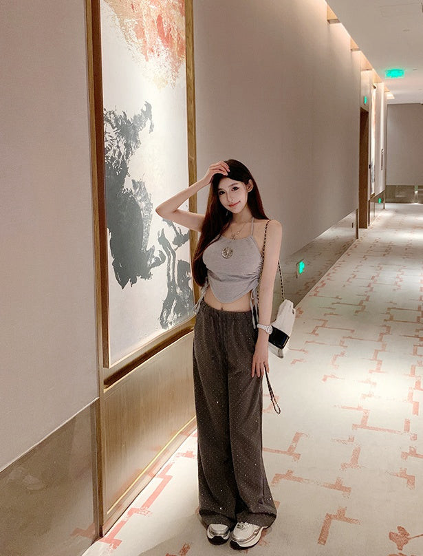 Starry Rhinestone Velvet Lined Wide-Leg Pants(Dark brown)