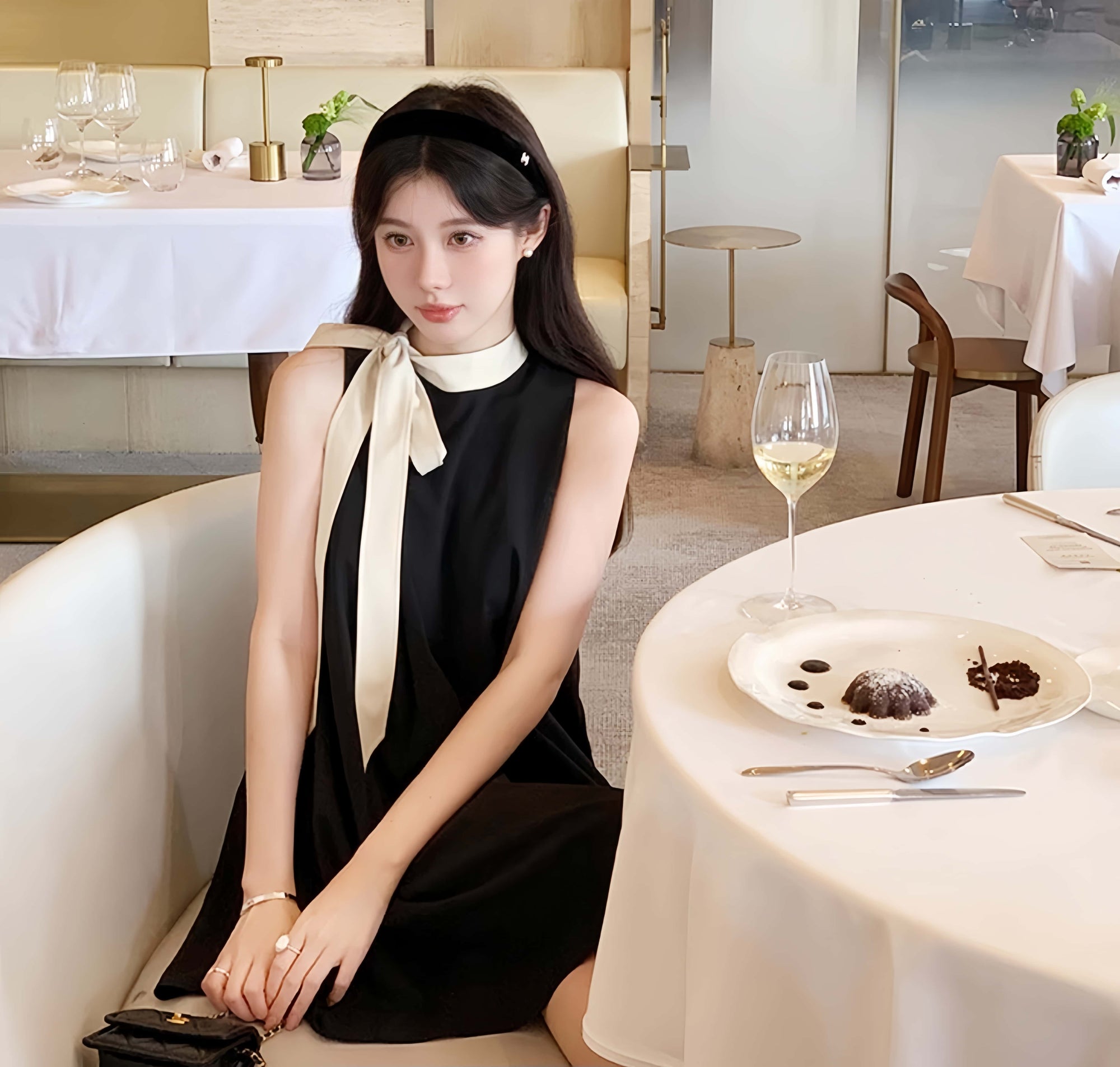 Vintage Hepburn-Style Slim Dress with Oversized Bow