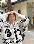 Korean OPEN YY Rose Jacquard Thick Knit Cardigan