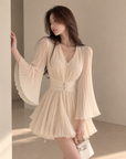 Apricot Pleated Flare-Sleeve Dress