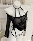 Black Sheer Mesh Halter Tie Lingerie
