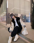 Kroheart Embroidered Print Faux Fur Thickened Baseball Jacket