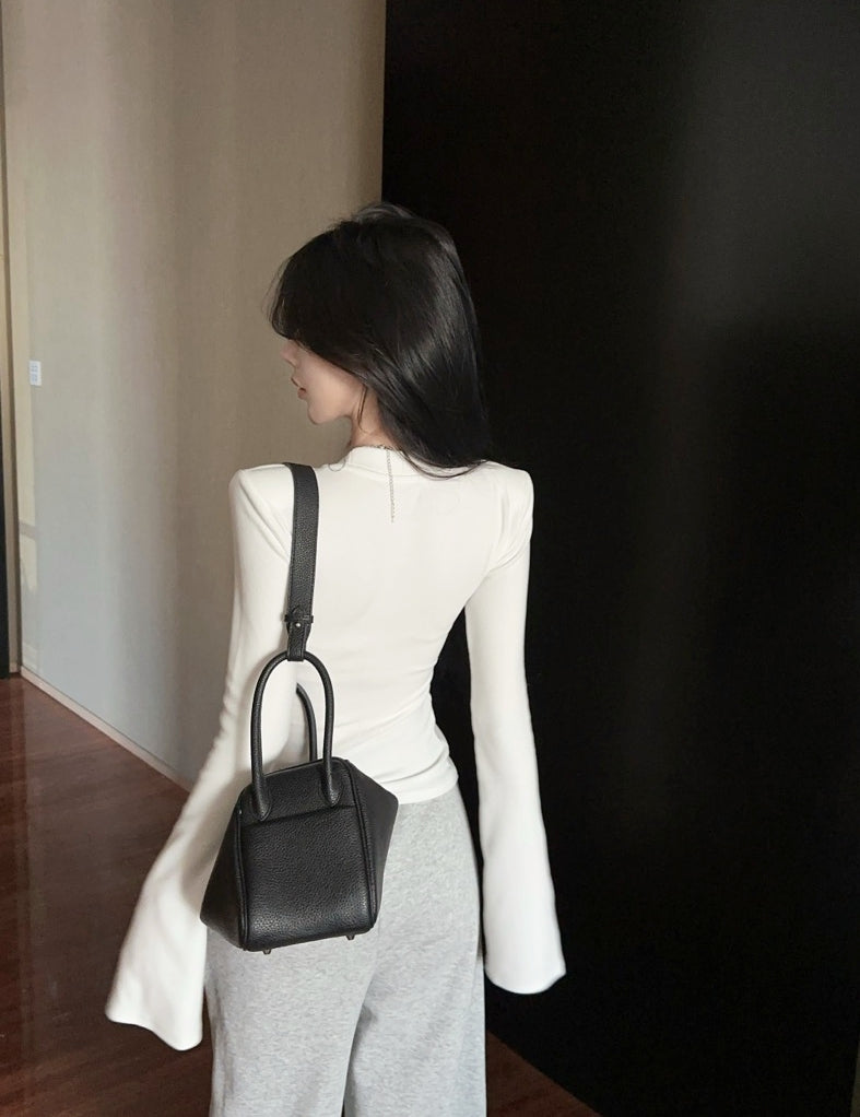 U-Neck Brushed Thickened Top with Padded Shoulders