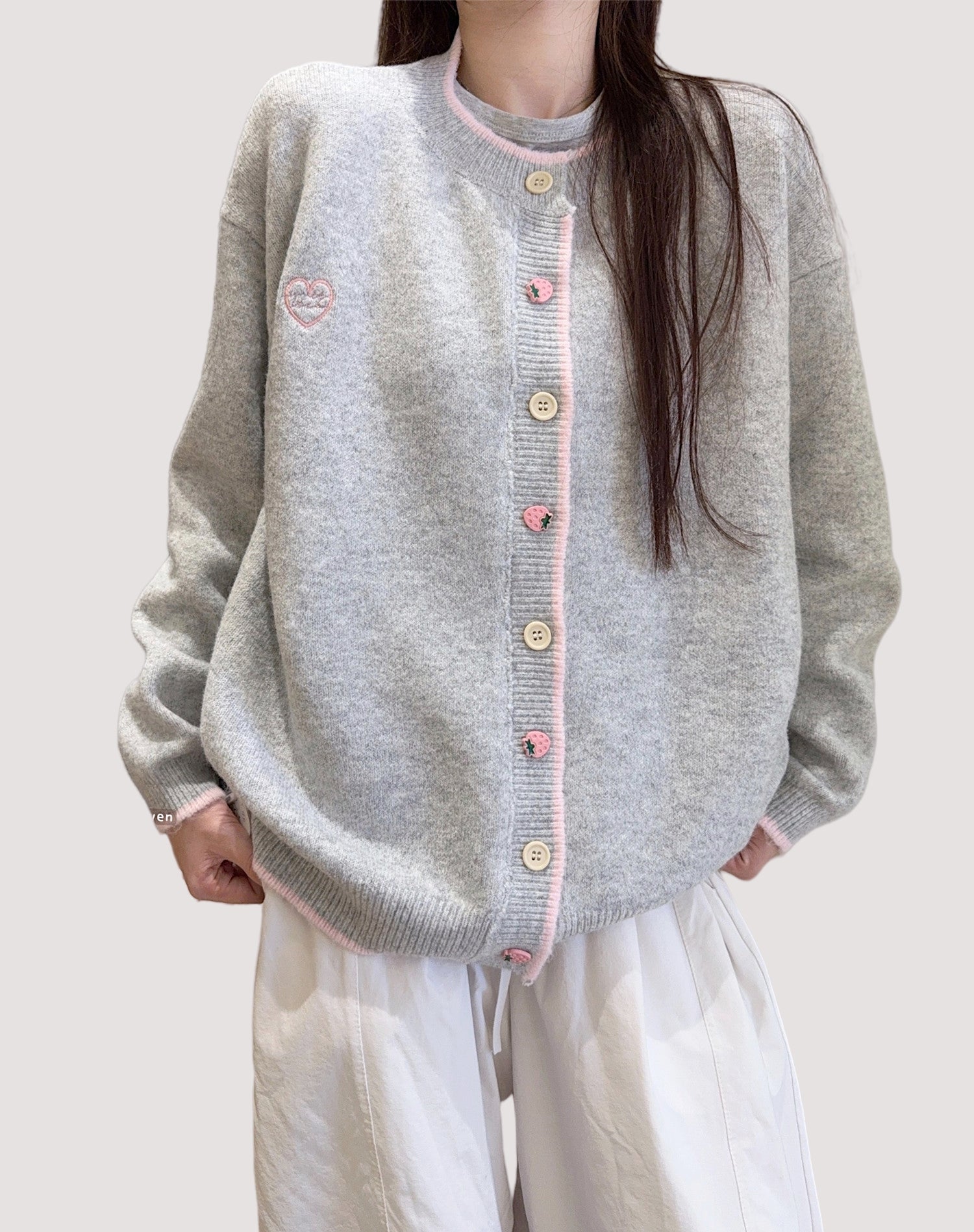 Light Grey Korean-Style Relaxed Knit Cardigan
