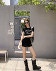 Black Structured Shoulder Beaded Cotton Tee