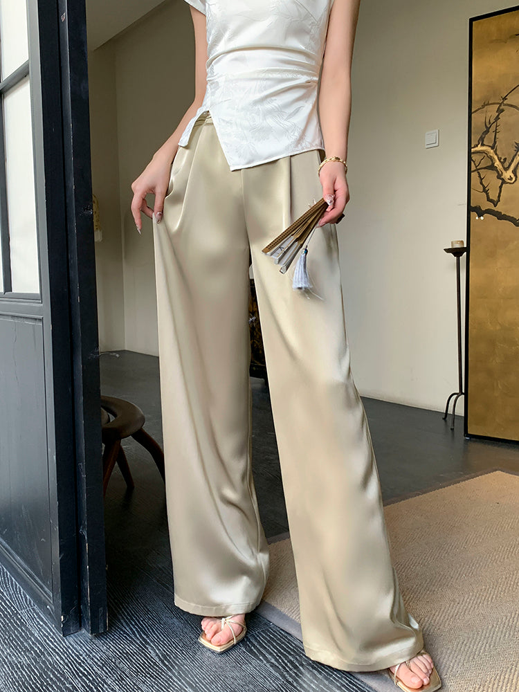 Upgraded Acetate High-Waist Tassel Wide-Leg Pants in Modern Chinese Style