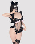 PU Patchwork Mesh Ruffled Bodysuit Lingerie