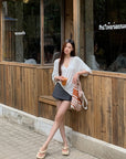 Straight-Shoulder Lace Faux Two-Piece Loose TEE