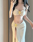 Luxury Gold Foil 3-Piece Swimsuit Set with Slit Skirt