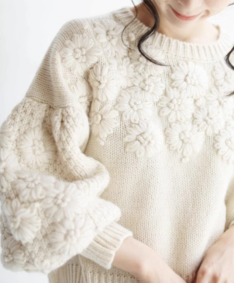 French Heavywork Chunky Floral Wool-Cashmere Sweater