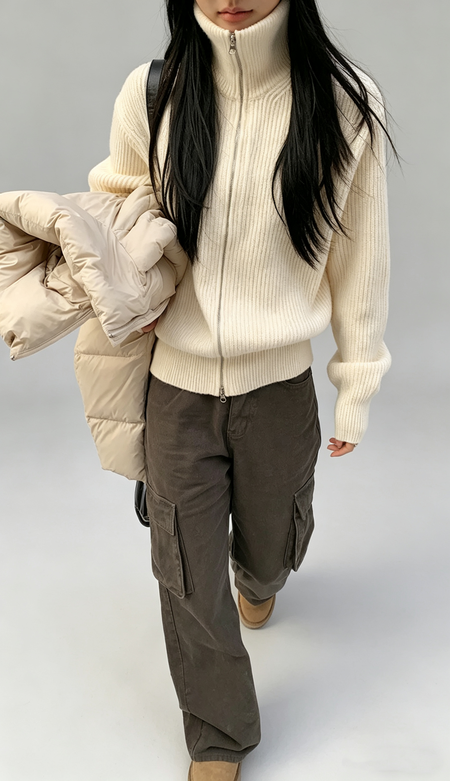 Double-Zip High Neck Thick Knit Cardigan