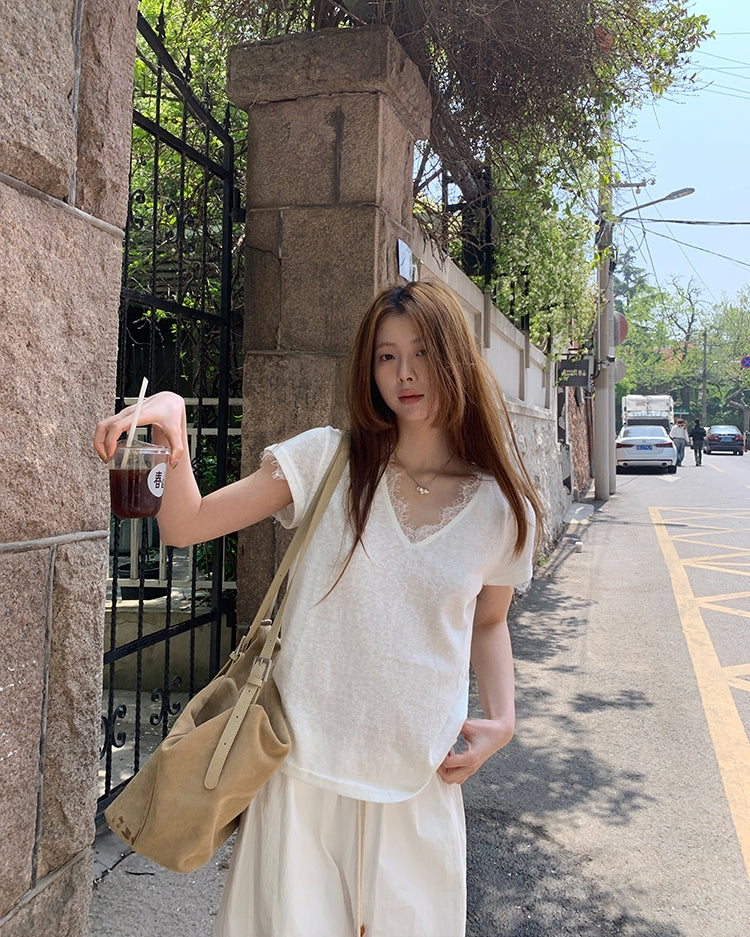 Lace Patchwork V-Neck Short Sleeve Tee