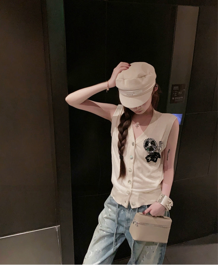 3D Camellia V-Neck Wool Blend Vest