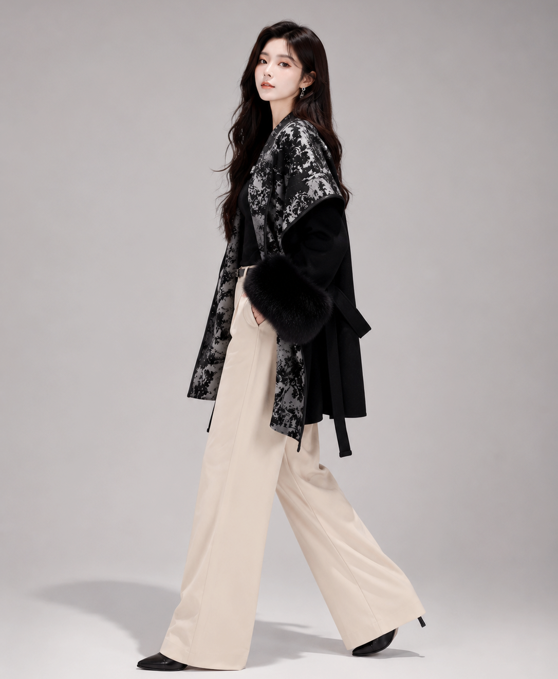 Ink Print Wool Cape Coat
