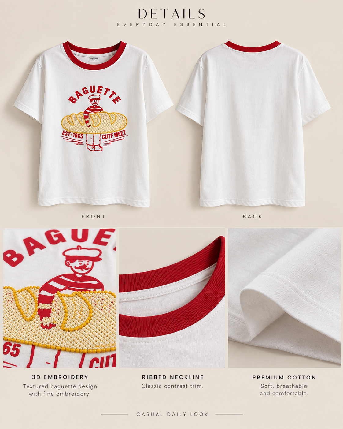 Korean-Style 3D Bread Embroidery Cotton Tee