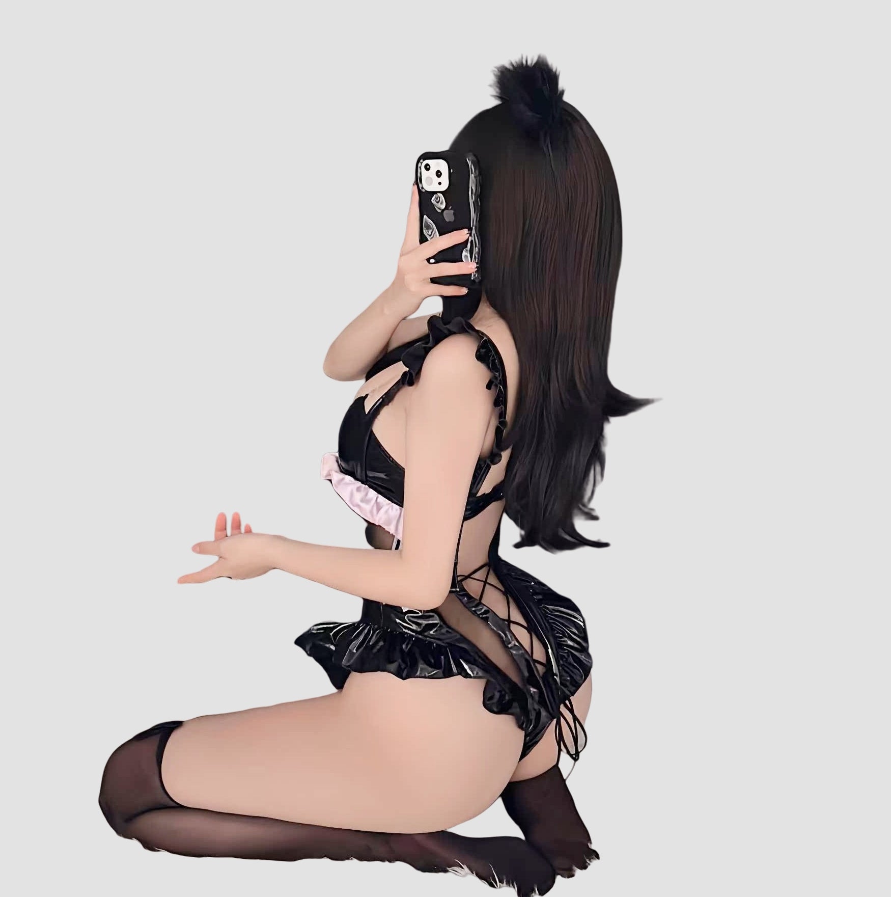 PU Patchwork Mesh Ruffled Bodysuit Lingerie