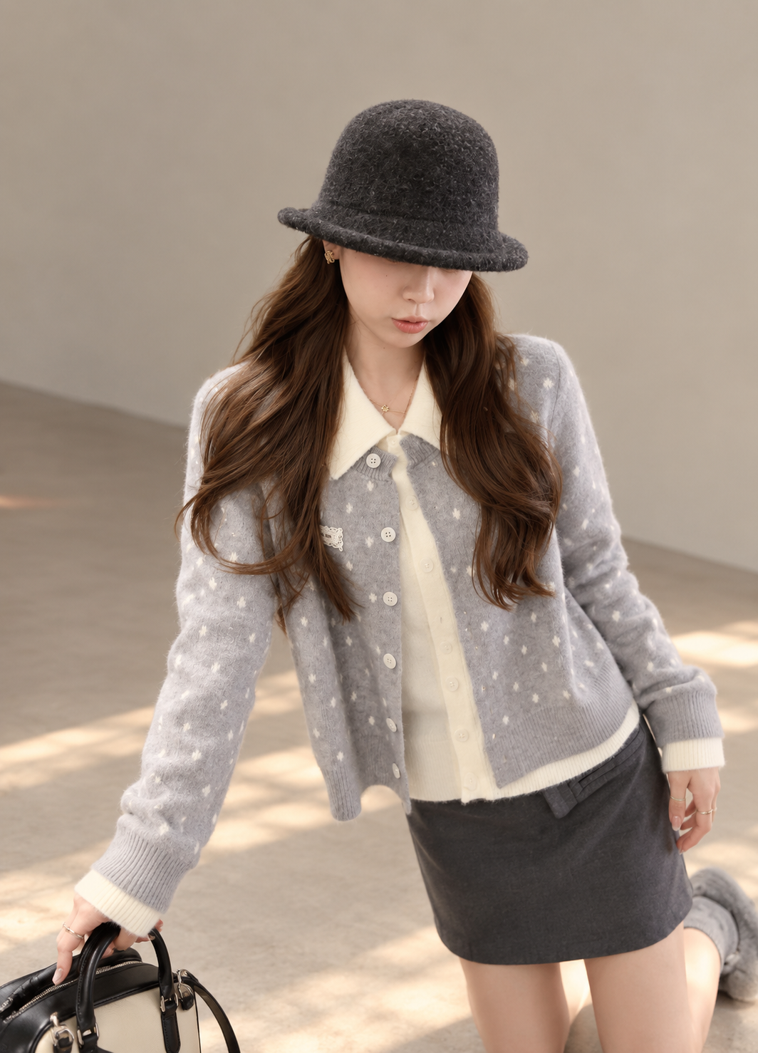 Korean-Style Layered Grey Knit Cardigan