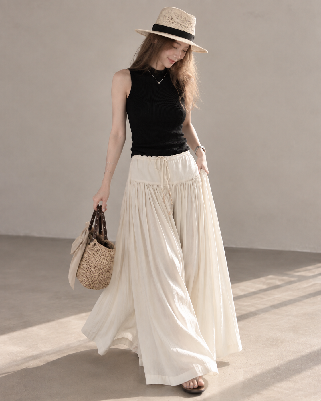 Pleated Waterfall Lyocell Palazzo Pants