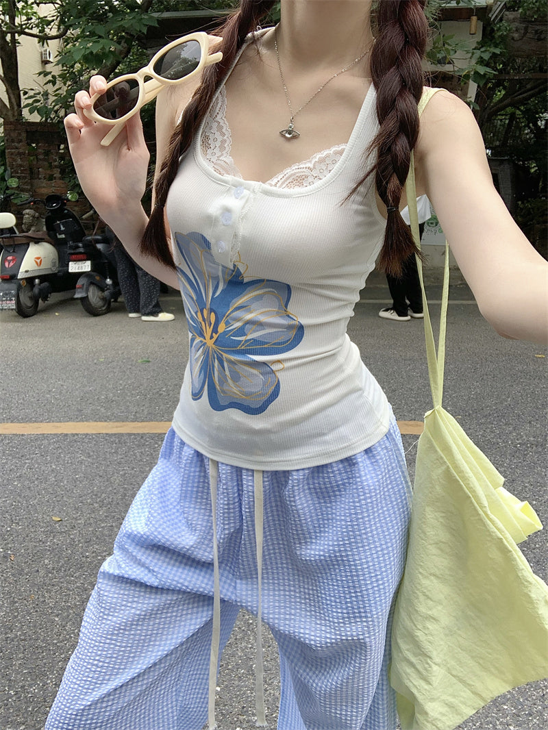 Summer Floral Lace Trim Tank Top