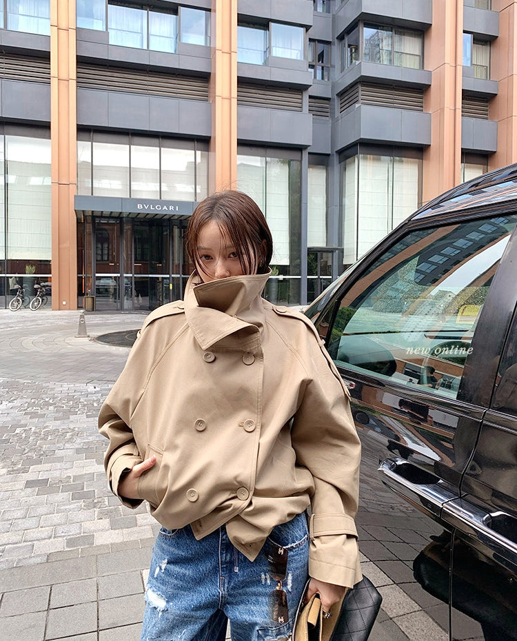 French double-breasted short trench coat with oversized lapel