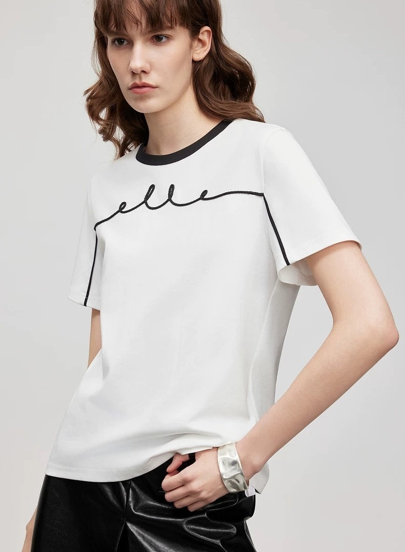 ELLE French-Style Crewneck Contrast Cotton Tee