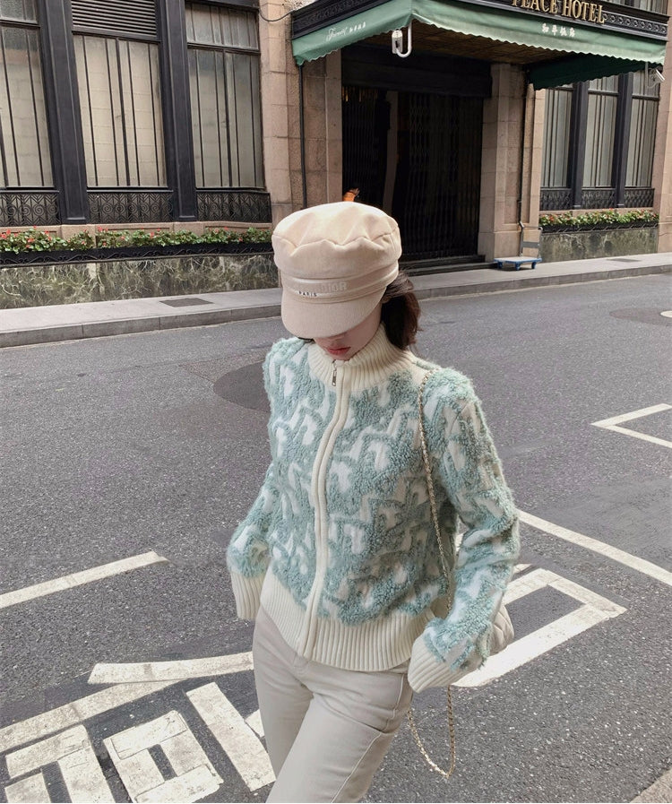 Letter Jacquard Wool Thick Jacket