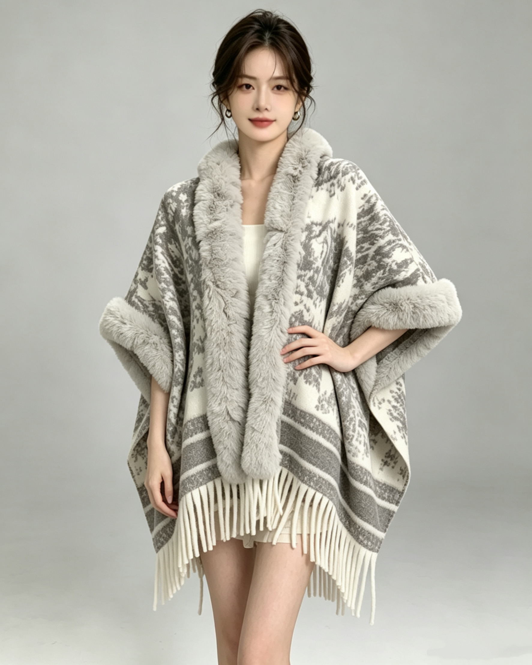 Faux Fur Trimmed Cape Coat
