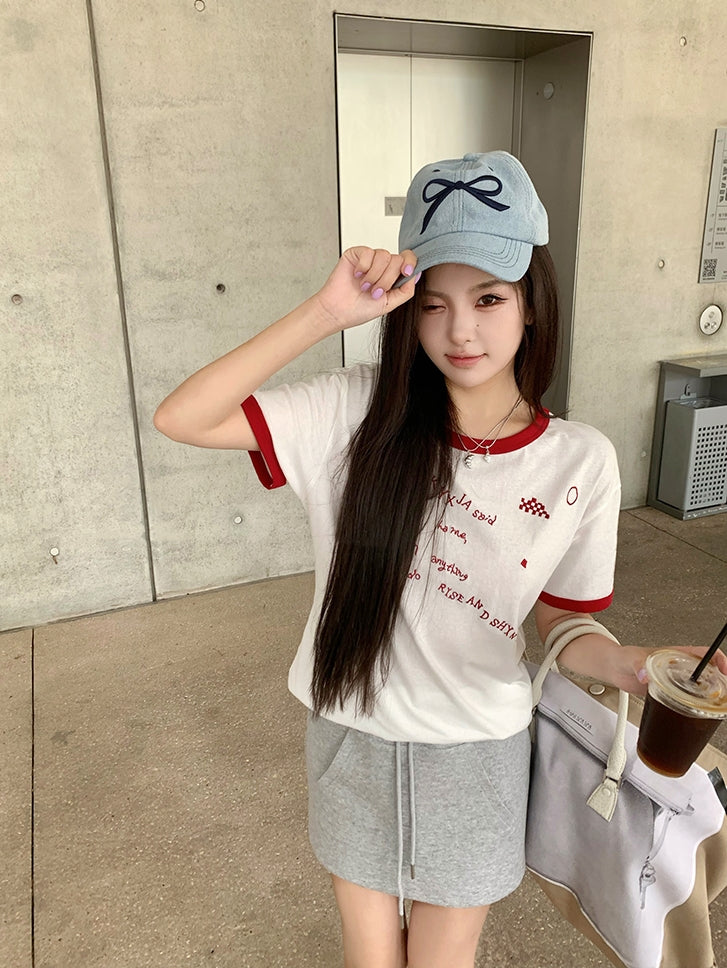 American-style color-block letter embroidered cotton tee