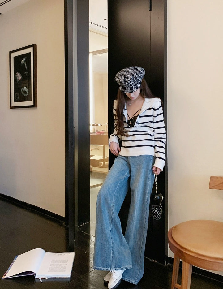 Sequin V-Neck Striped Lambswool Knit Top