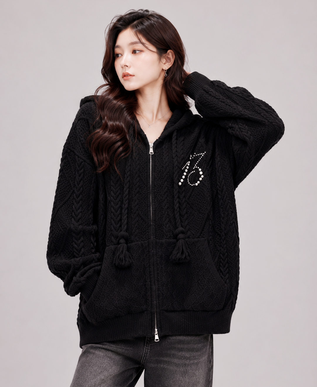 Pearl Embroidered Hooded Cardigan