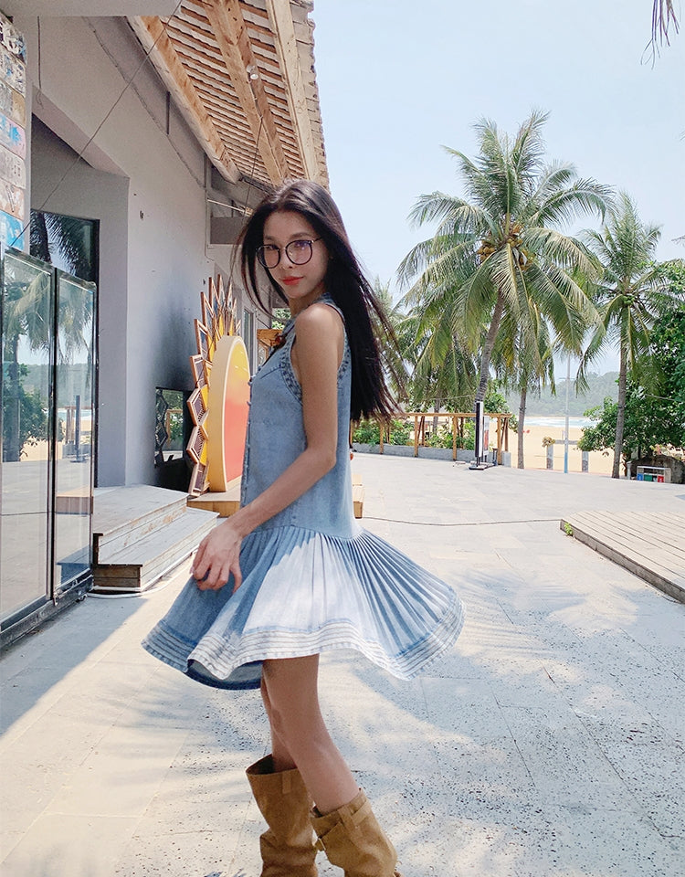Pleated Denim Vest Dress